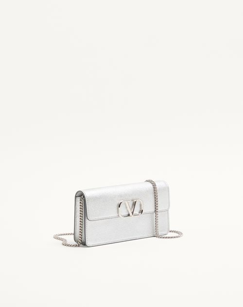 Valentino Garavani - Vlogo Signature Metallic Grainy Calfskin Wallet With Chain - Silver - Woman - Clutches